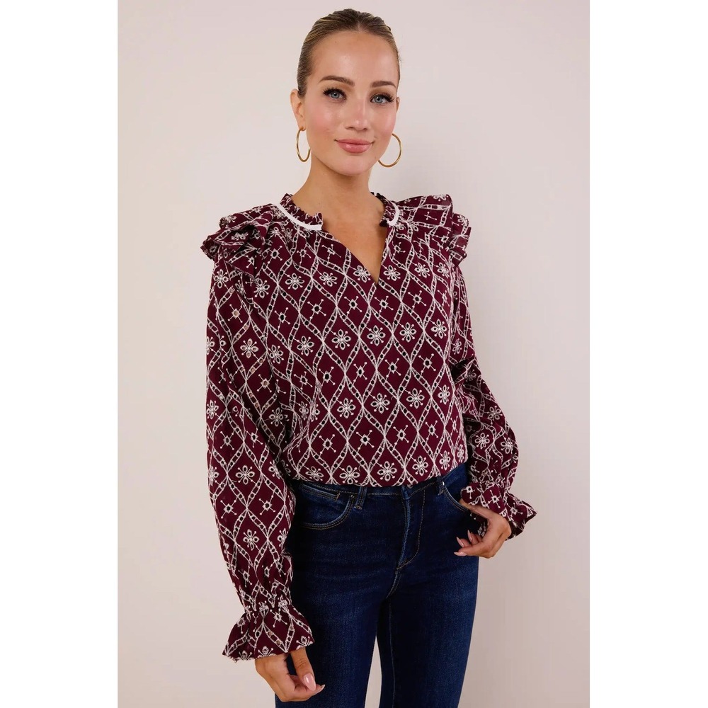 Avara Wanda Purple Embroidered Ruffle Shoulder Blouse Top XS